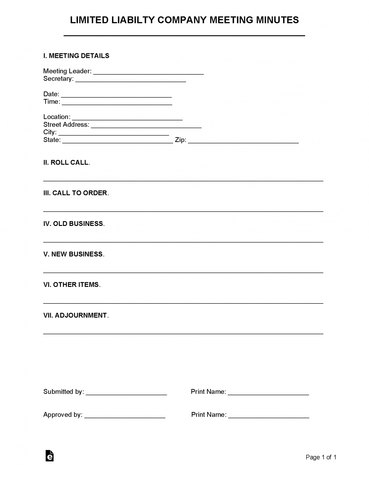 Free Llc Meeting Minutes Template Sample Pdf Word Eforms 7528