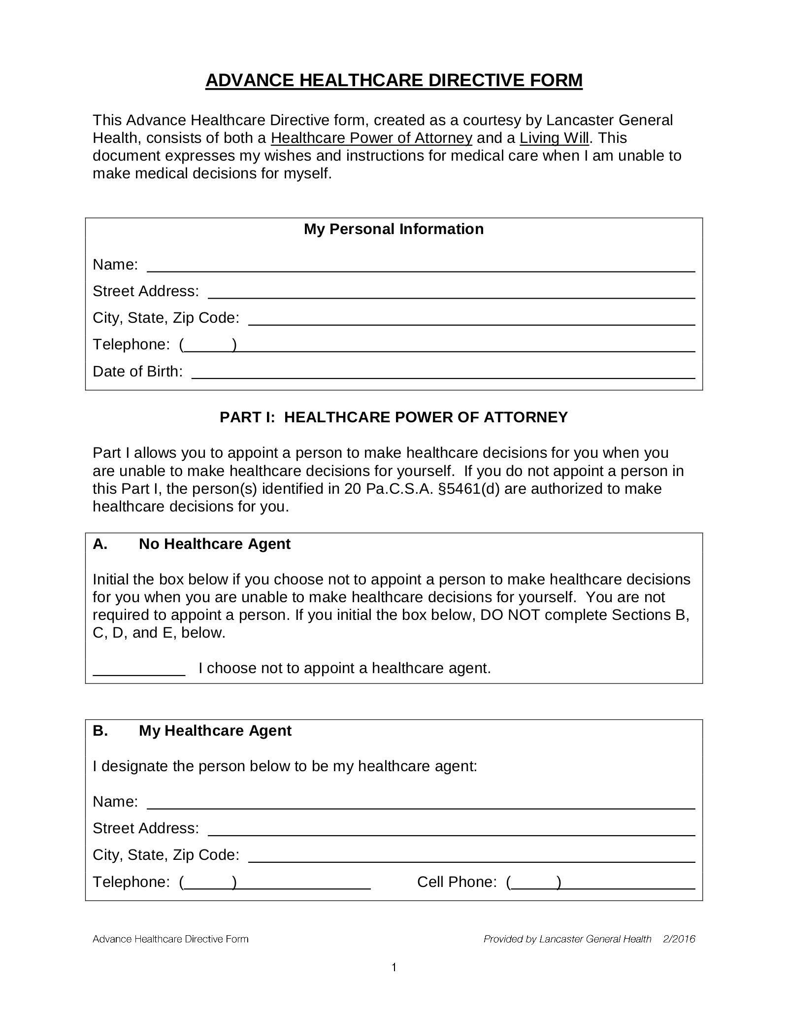 Free Pennsylvania Advance Directive Form PDF EForms