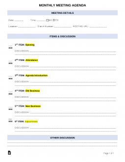 Monthly Meeting Agenda Template | Sample