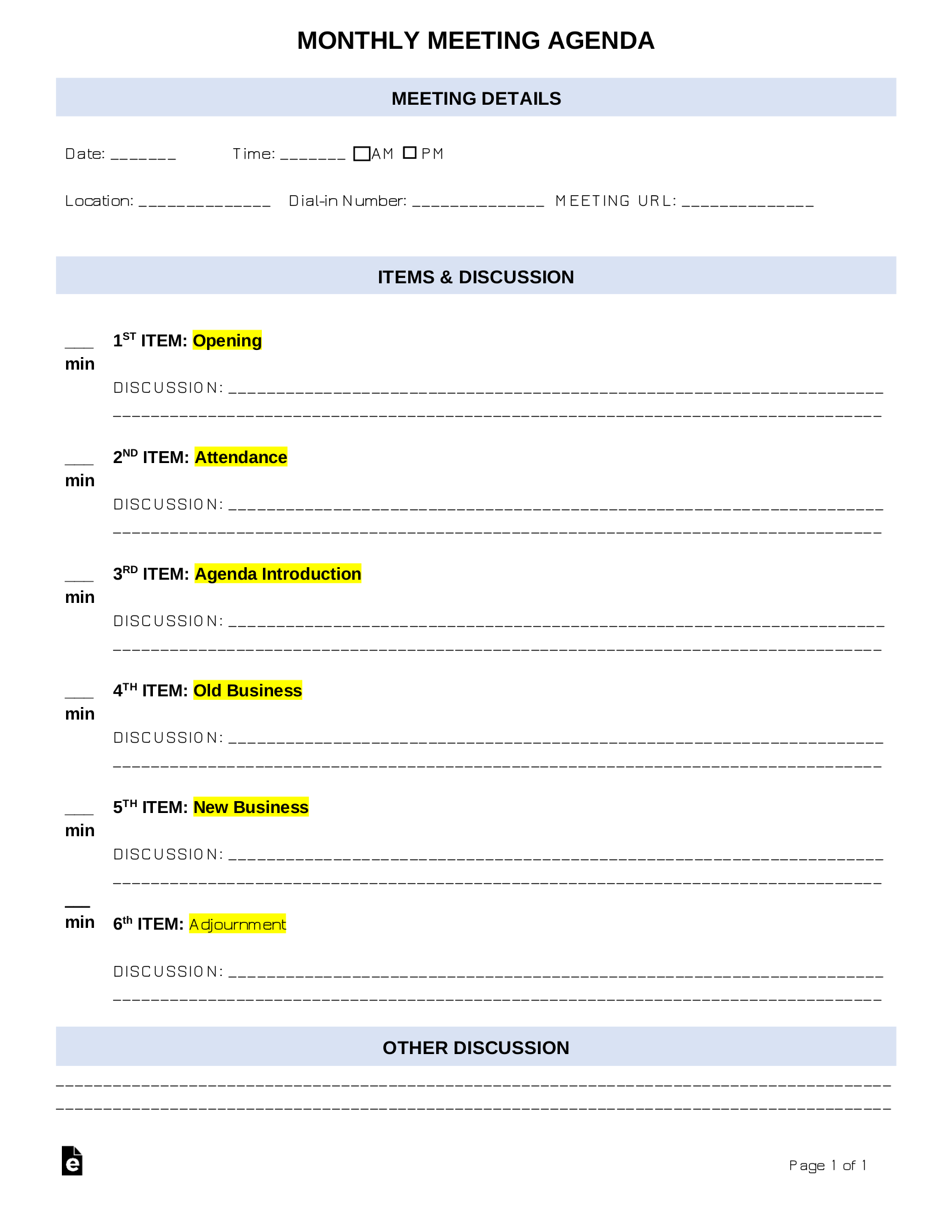Free Monthly Meeting Agenda Template Sample PDF Word eForms