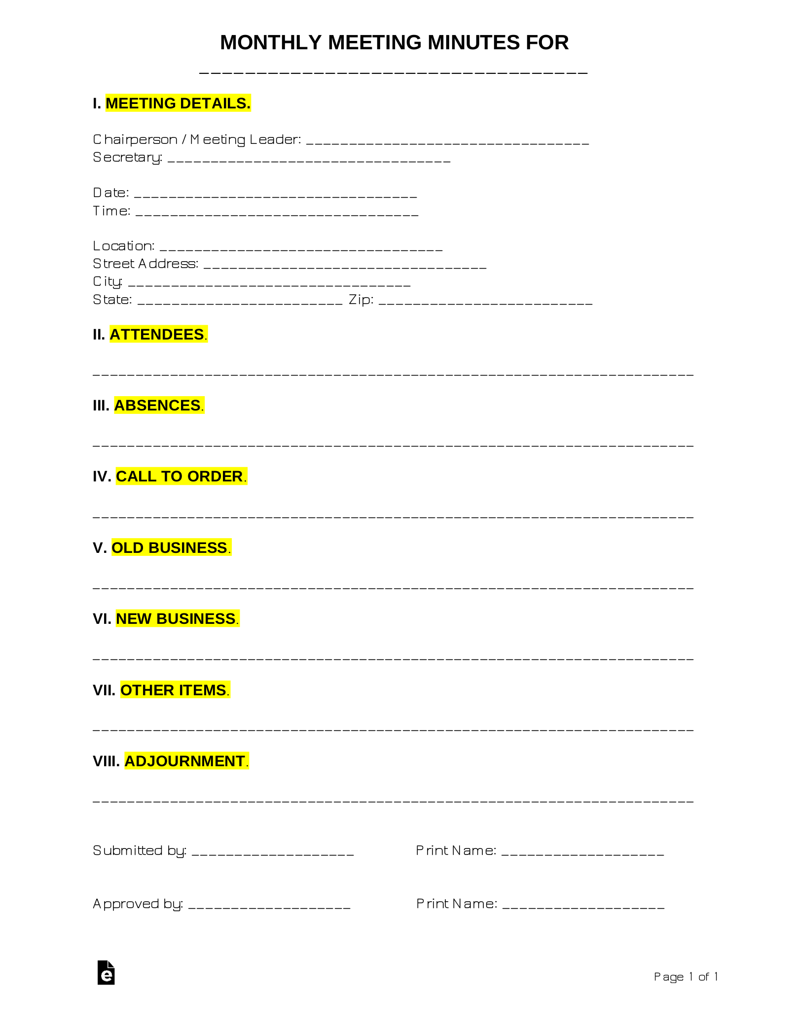 Free Monthly Meeting Minutes Template PDF Word EForms