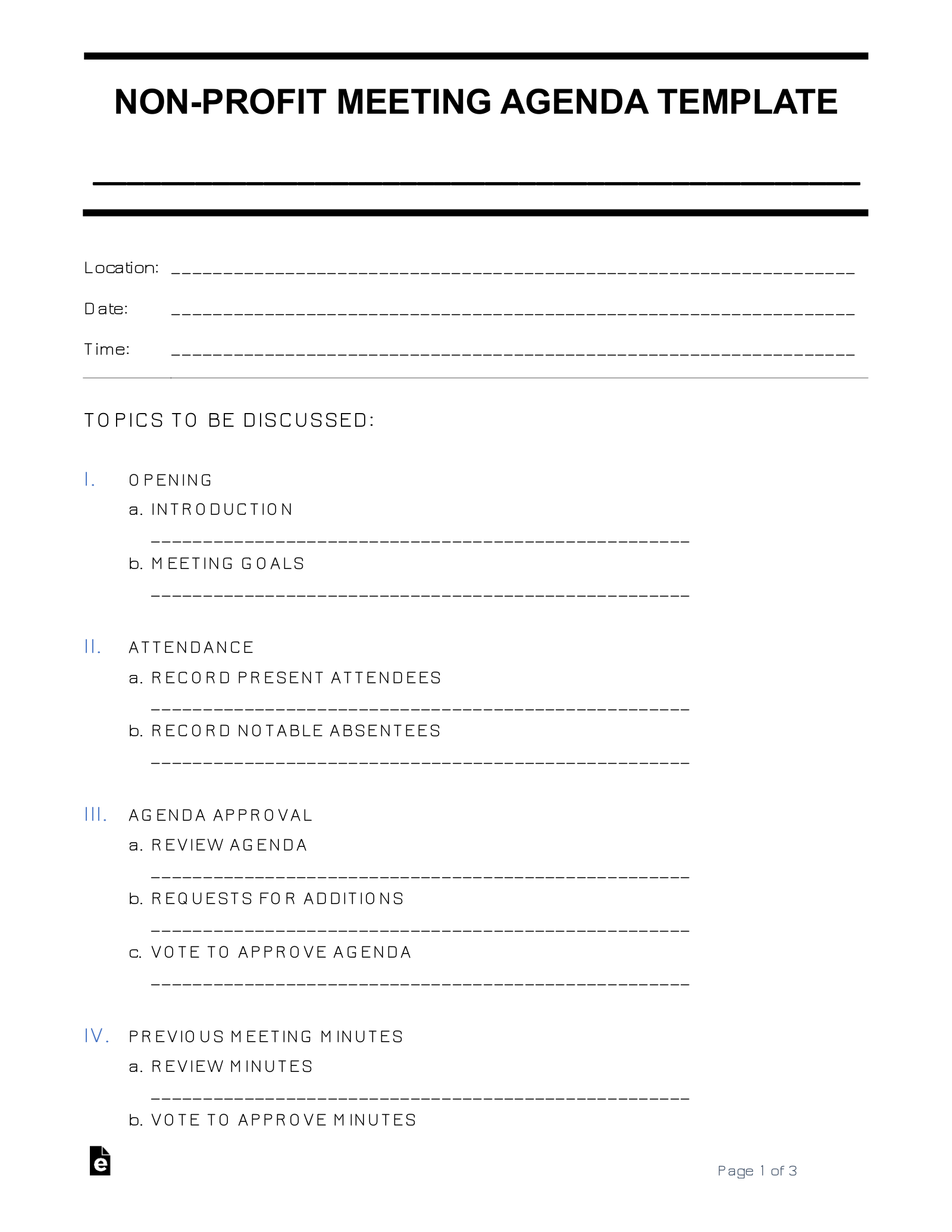 Free Non Profit Meeting Agenda Template Sample PDF Word eForms