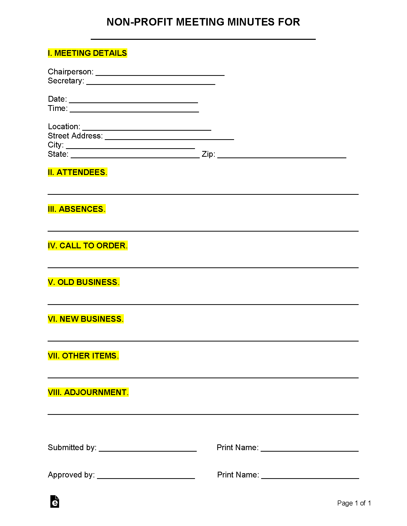 Free Non Profit Meeting Minutes Template Sample PDF Word eForms