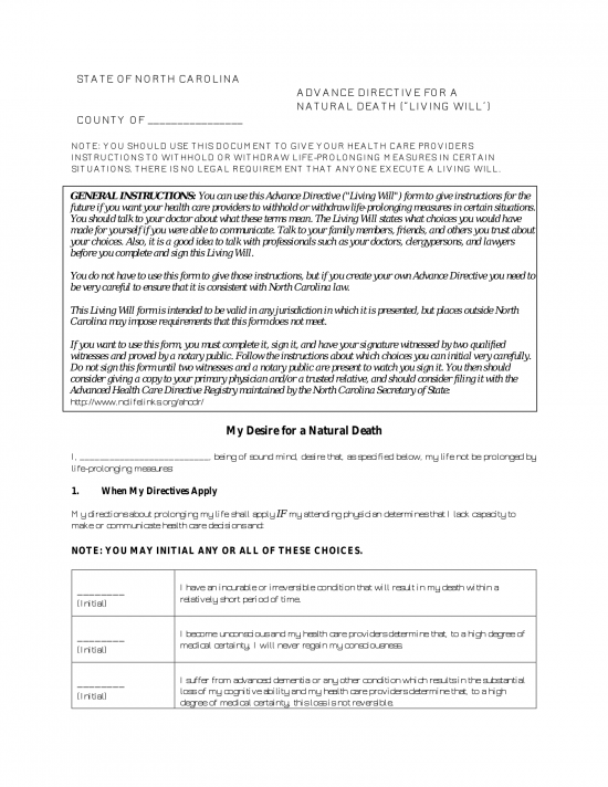 Free North Carolina Advance Directive Form Pdf Eforms 6139