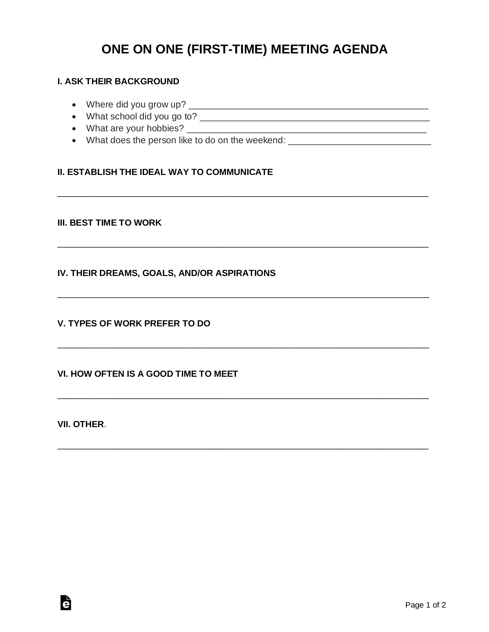Printable Employee One On One Meeting Template