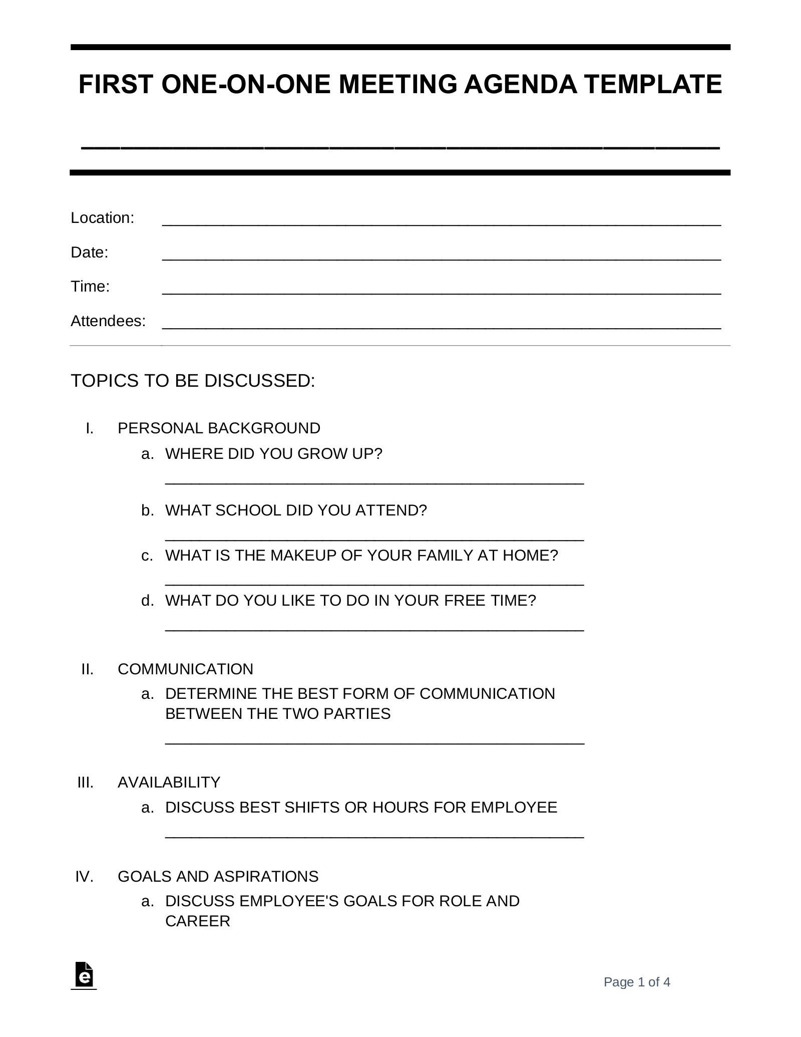 Free One on One Meeting Agenda Template Sample PDF Word eForms