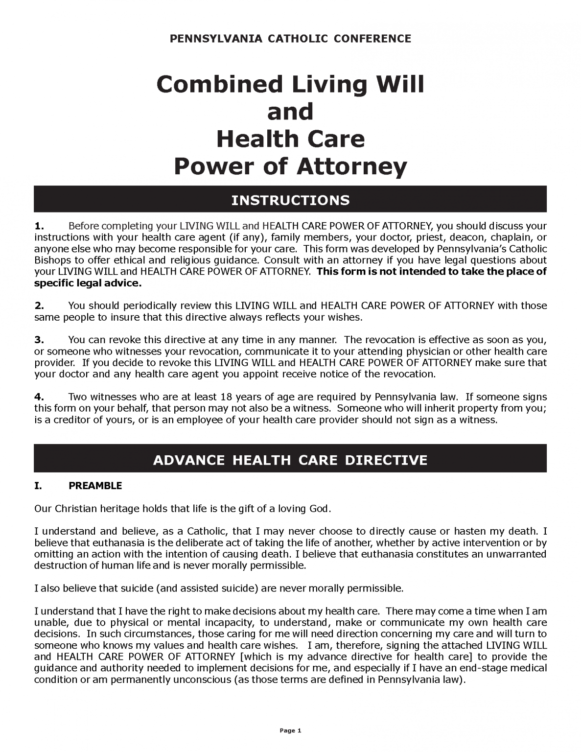 Free Pennsylvania Advance Directive Form PDF eForms