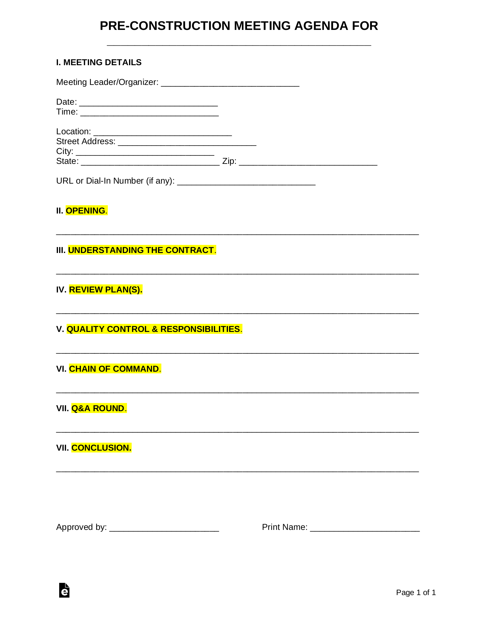 Free Pre Construction Meeting Agenda Template Sample Pdf Word