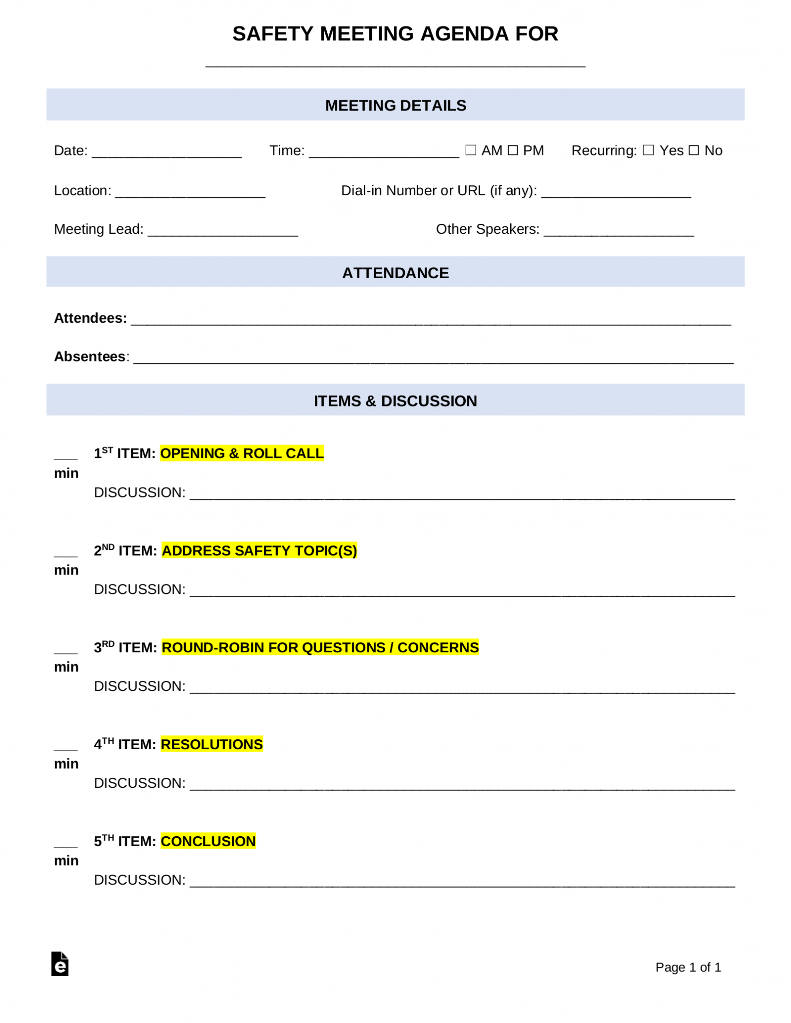 Safety Meeting Agenda Template