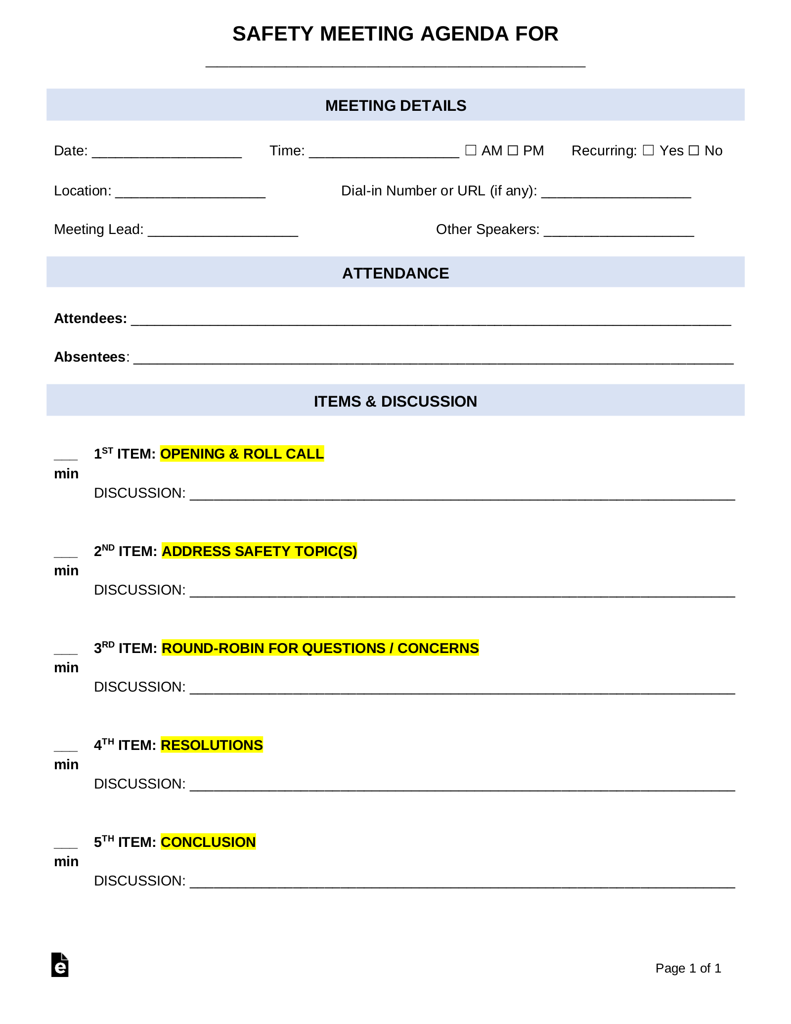 Safety Meeting Agenda Template | Sample