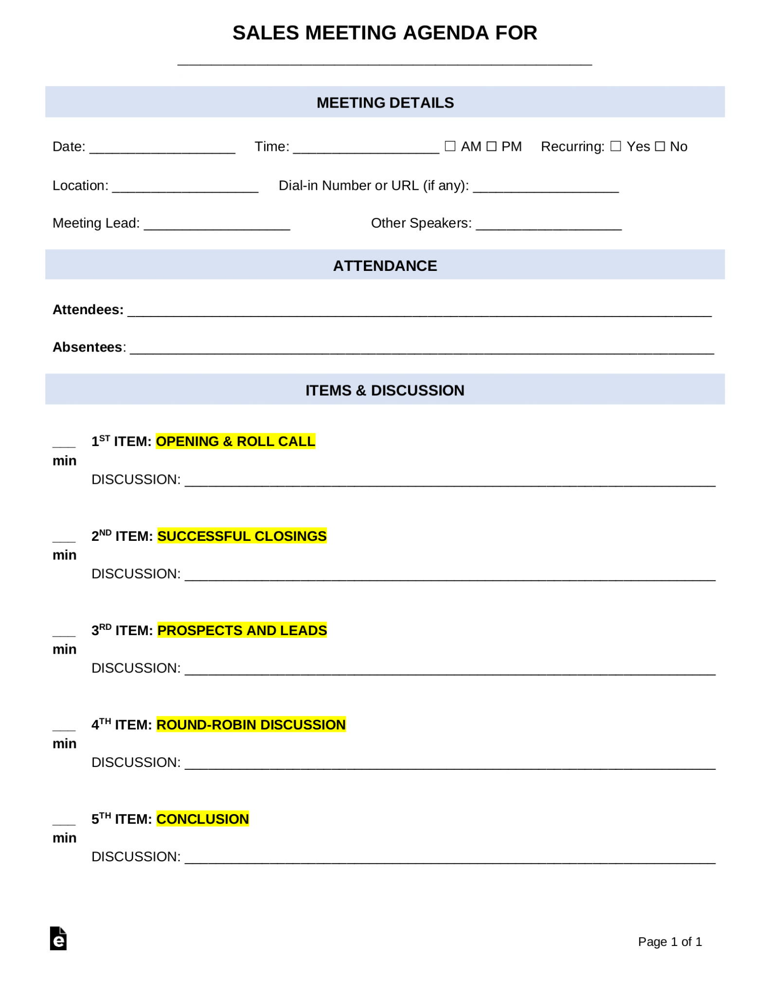 Free Sales Meeting Agenda Template Sample PDF Word EForms