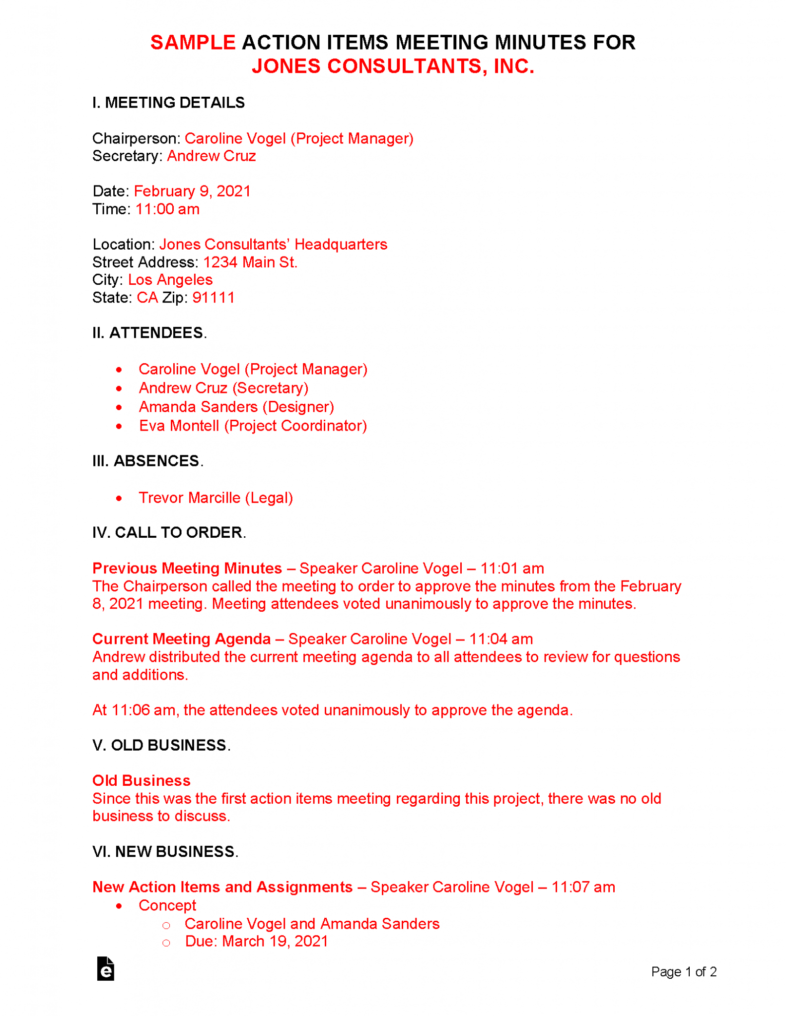 Free Action Items Meeting Minutes Template Sample PDF Word EForms