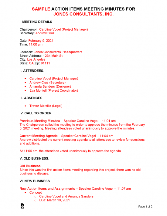 Free Action Items Meeting Minutes Template Sample Word Pdf Eforms