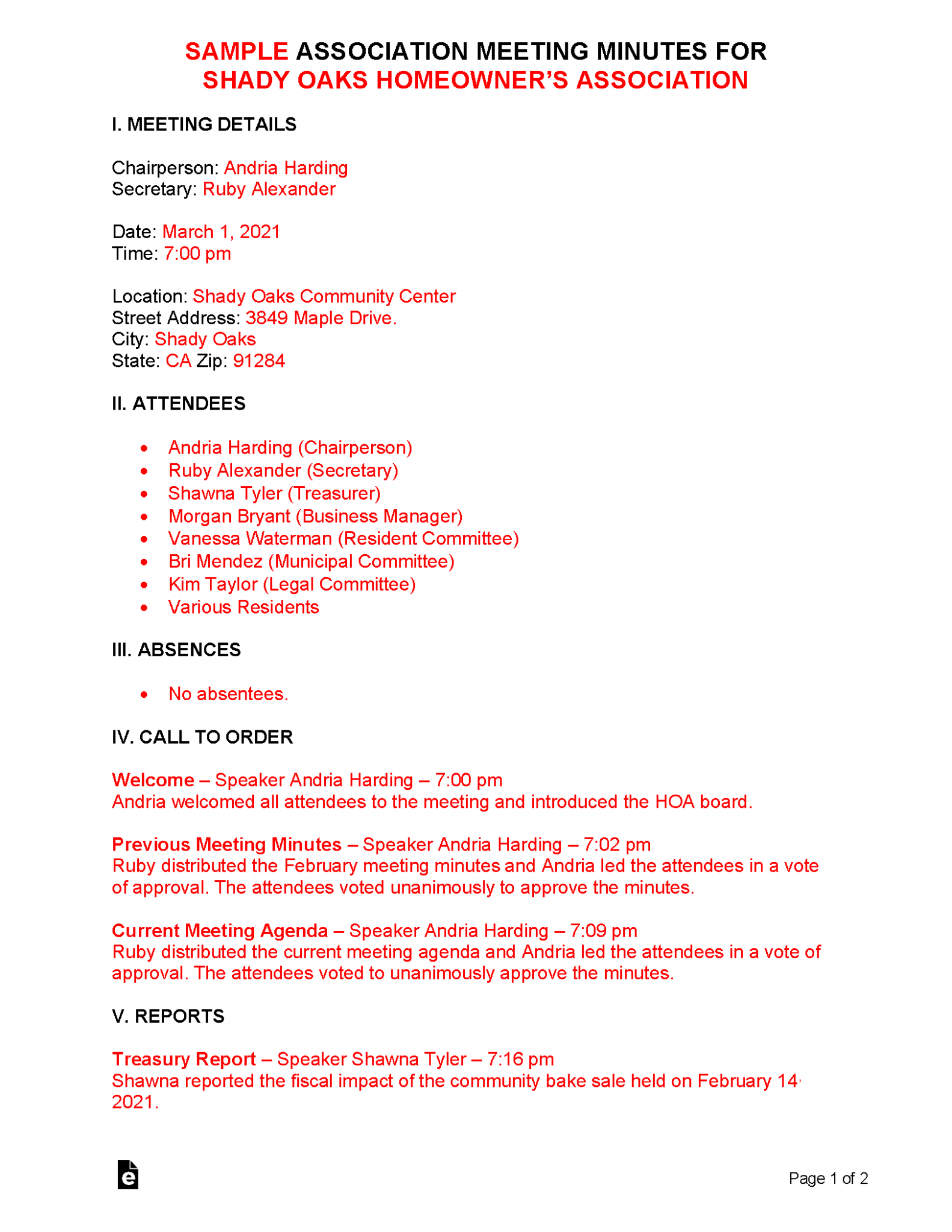 Free Association Meeting Minutes Template Sample PDF Word eForms