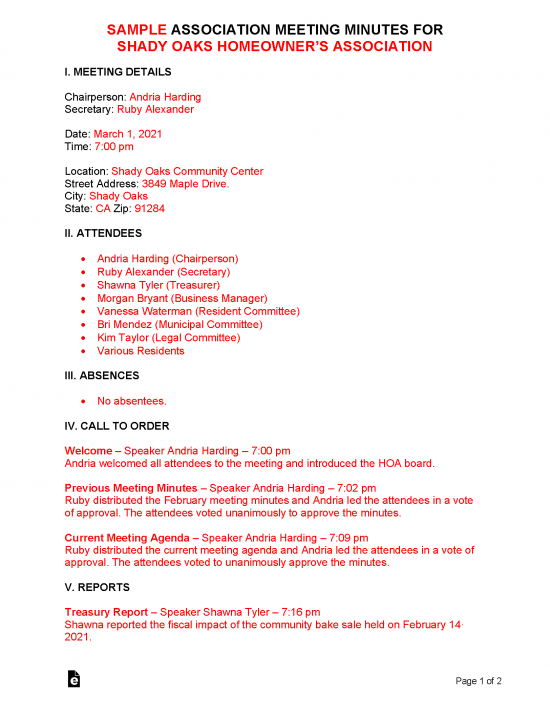 Free Association Meeting Minutes Template Sample PDF Word eForms