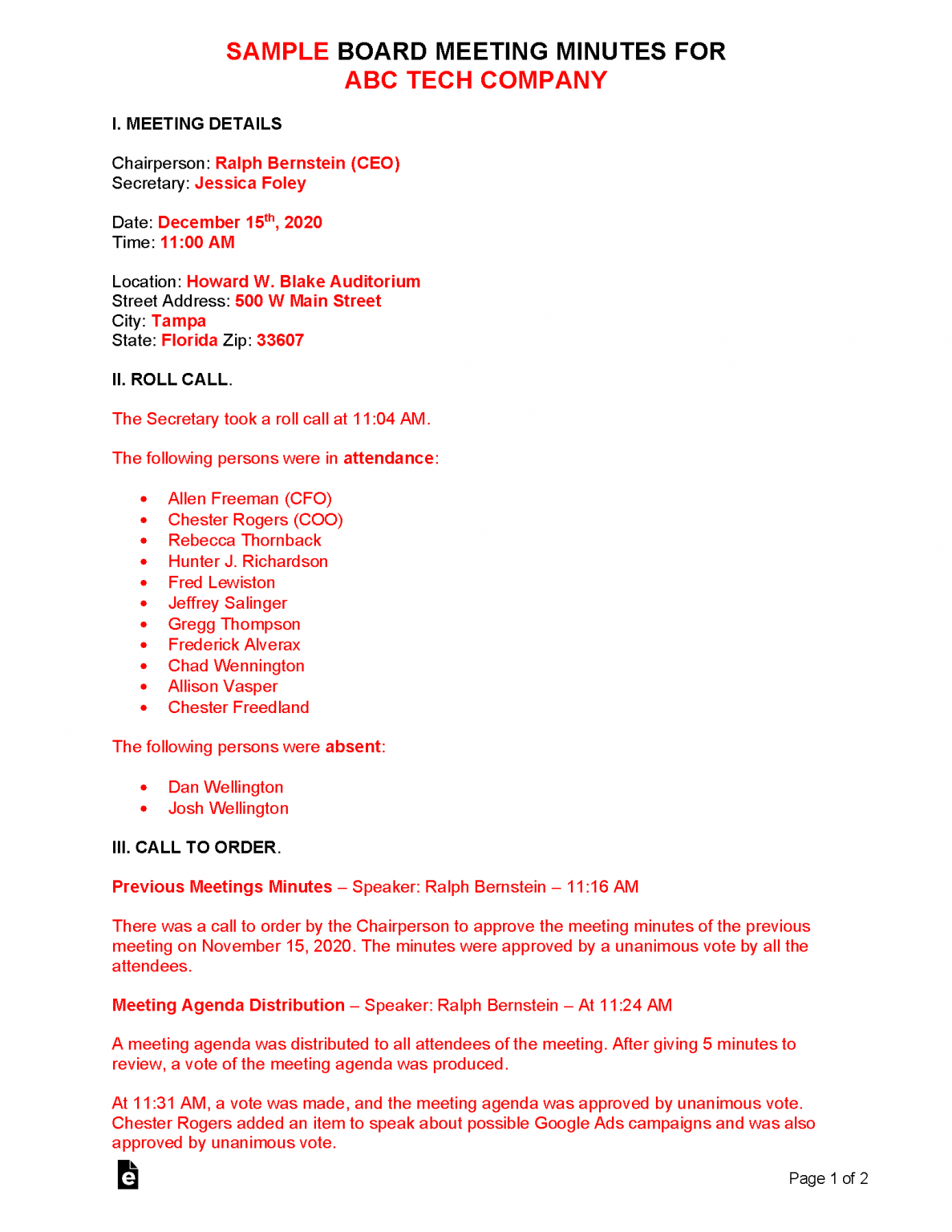 Free Board Meeting Minutes Template | Sample - PDF | Word – eForms