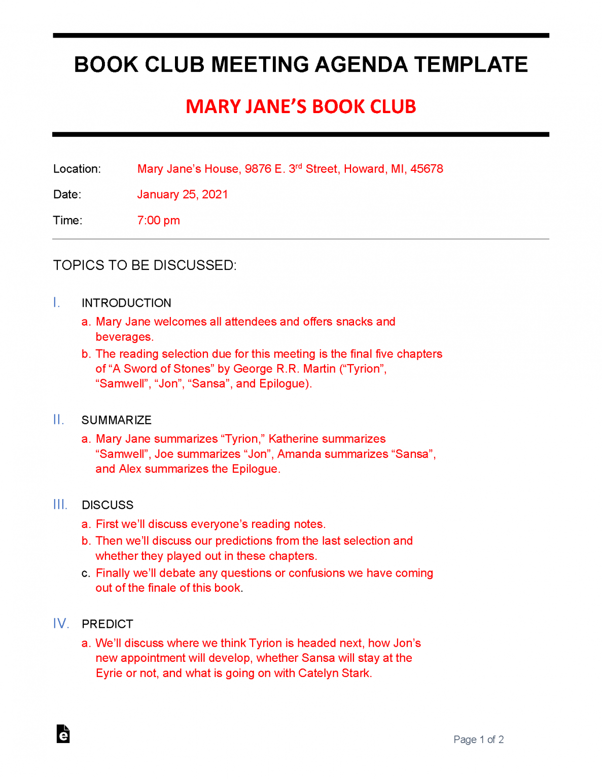 Free Book Club Meeting Agenda Template Sample PDF Word eForms