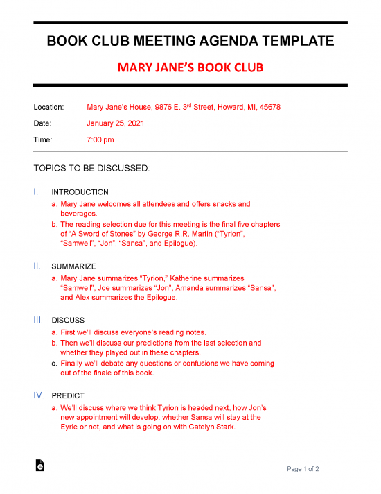 Free Book Club Meeting Agenda Template | Sample - Word | PDF – eForms