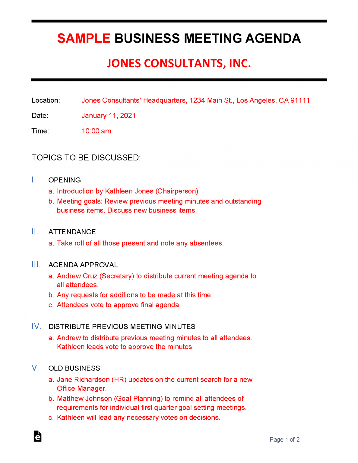 Free Business Meeting Agenda Template Sample PDF Word EForms