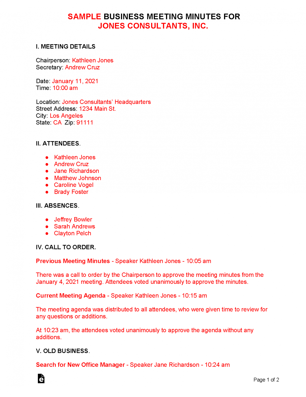 Free Business Meeting Minutes Template Sample PDF Word EForms