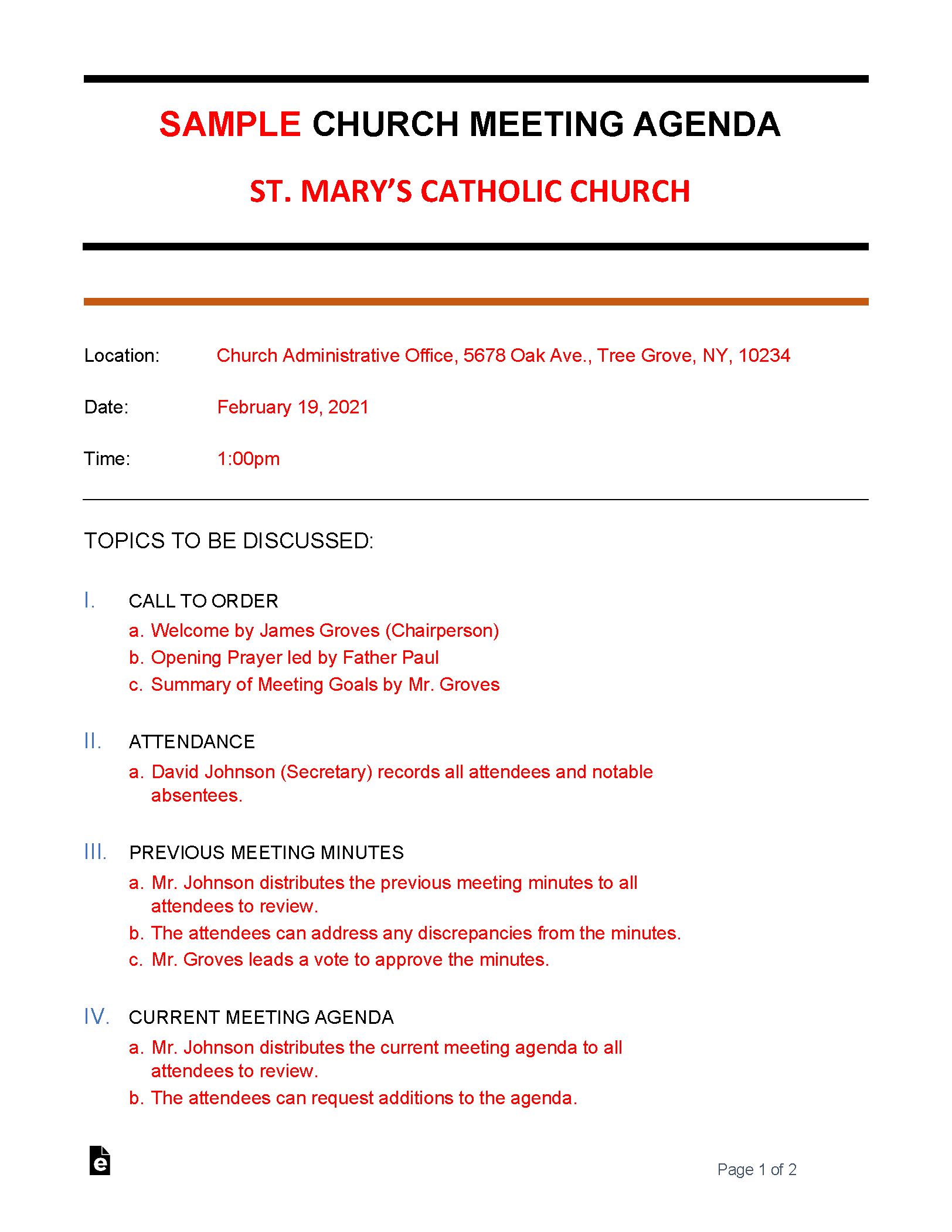 Free Church Meeting Agenda Template Sample PDF Word eForms