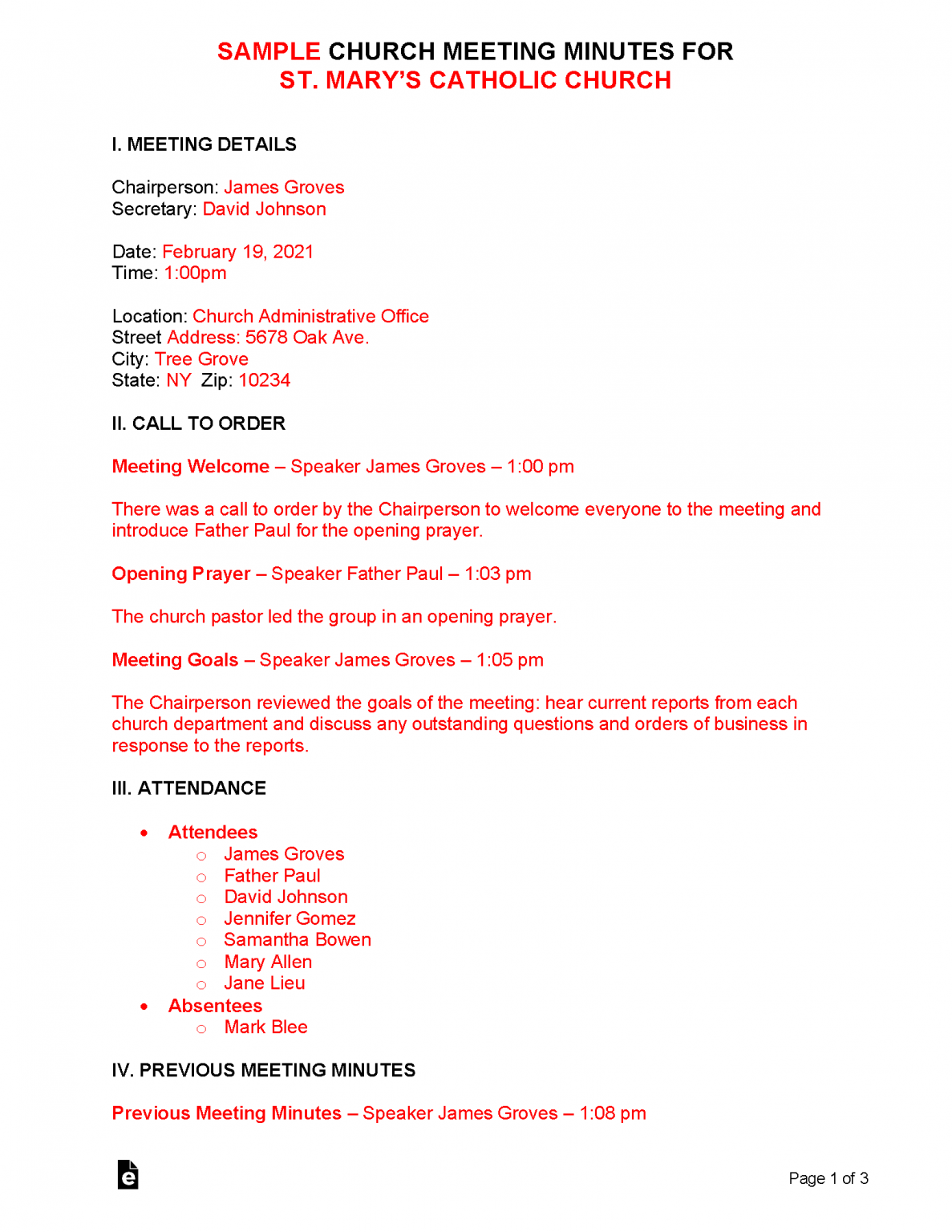 Free Church Meeting Minutes Template Sample PDF Word eForms