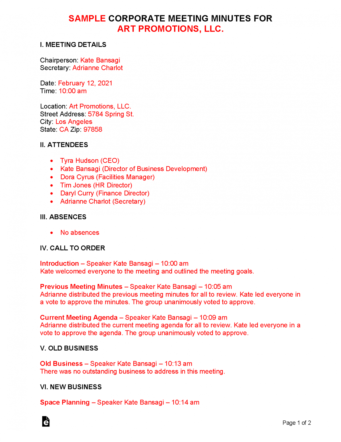 Free Corporate Meeting Minutes Template Sample PDF Word EForms