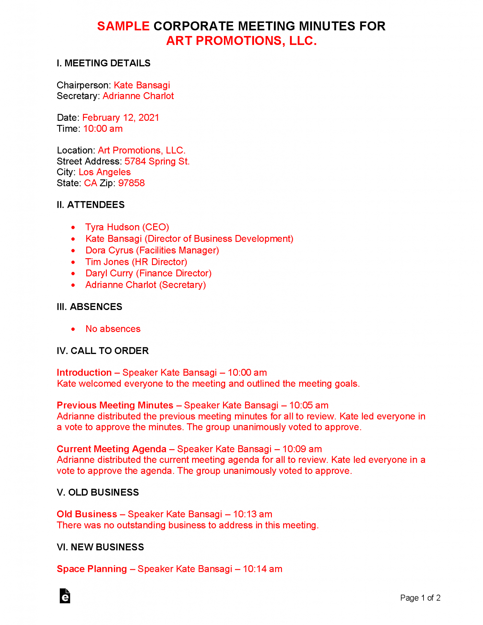 Free Corporate Meeting Minutes Template | Sample - Word | PDF – eForms