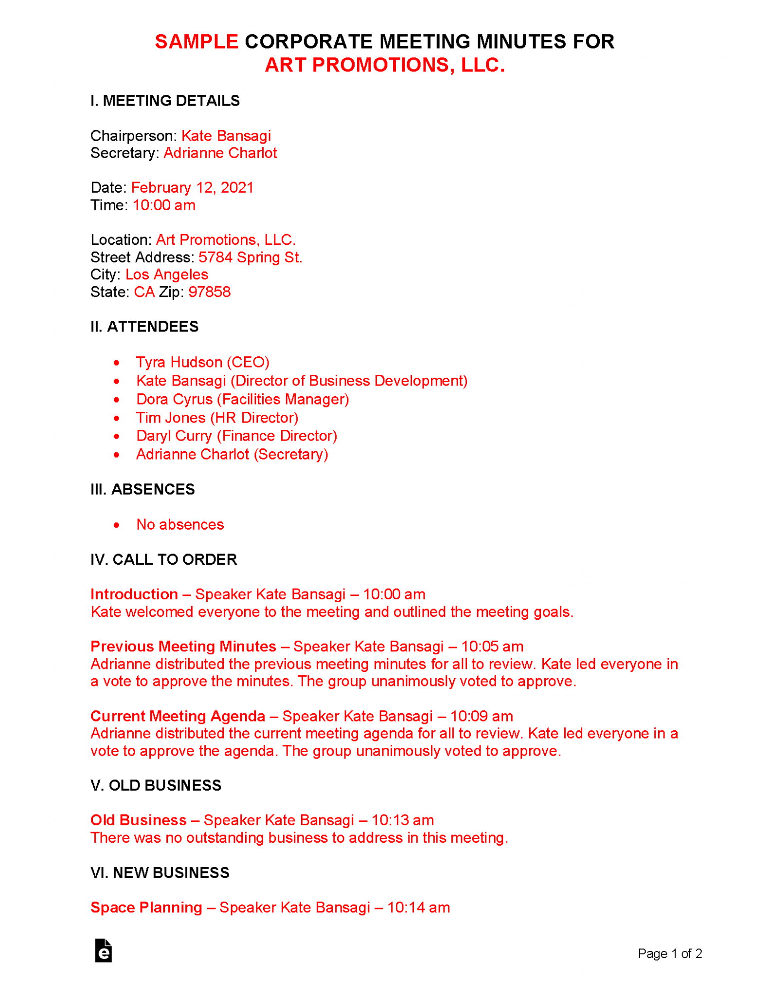 presentation meeting minutes template