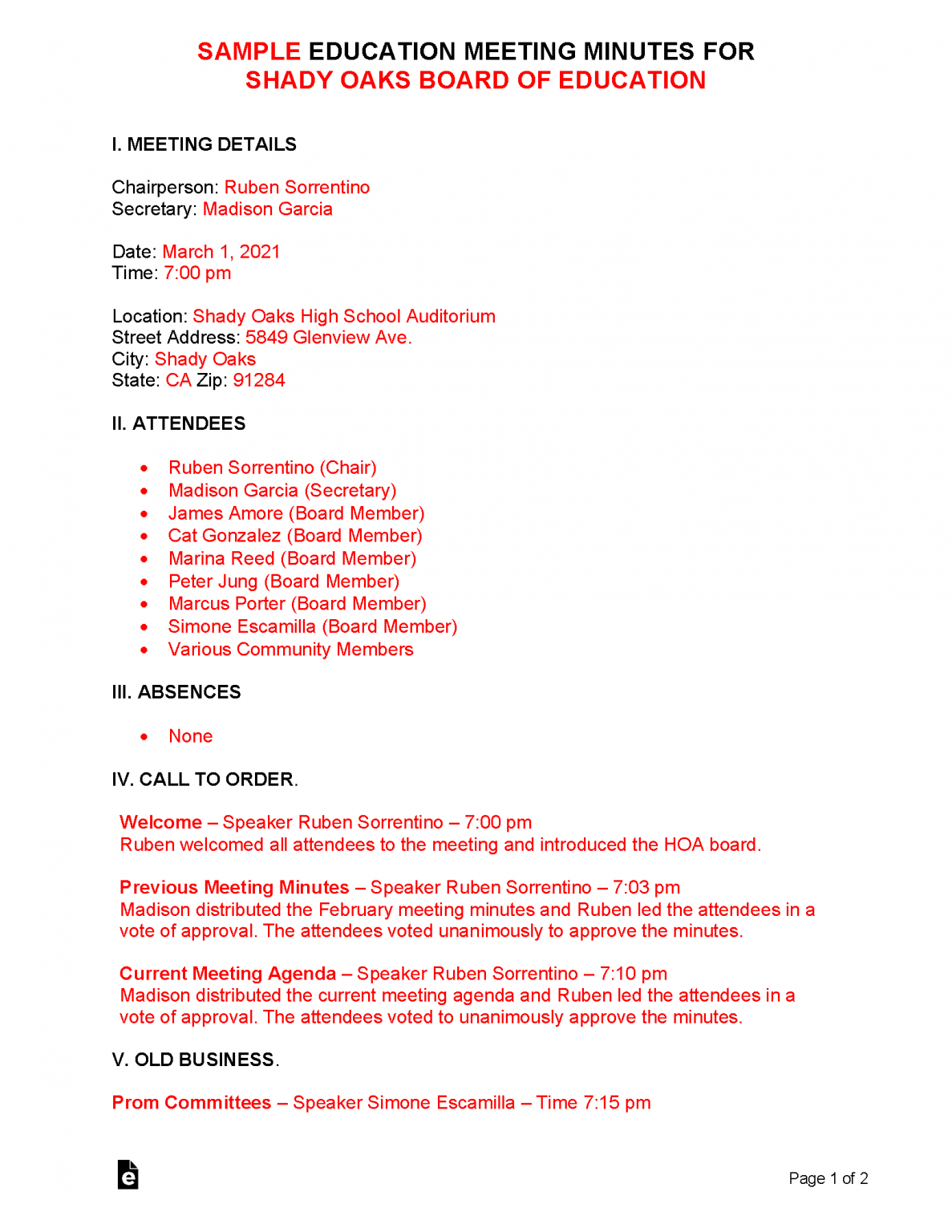 School Minutes Of Meeting Sample Pdf