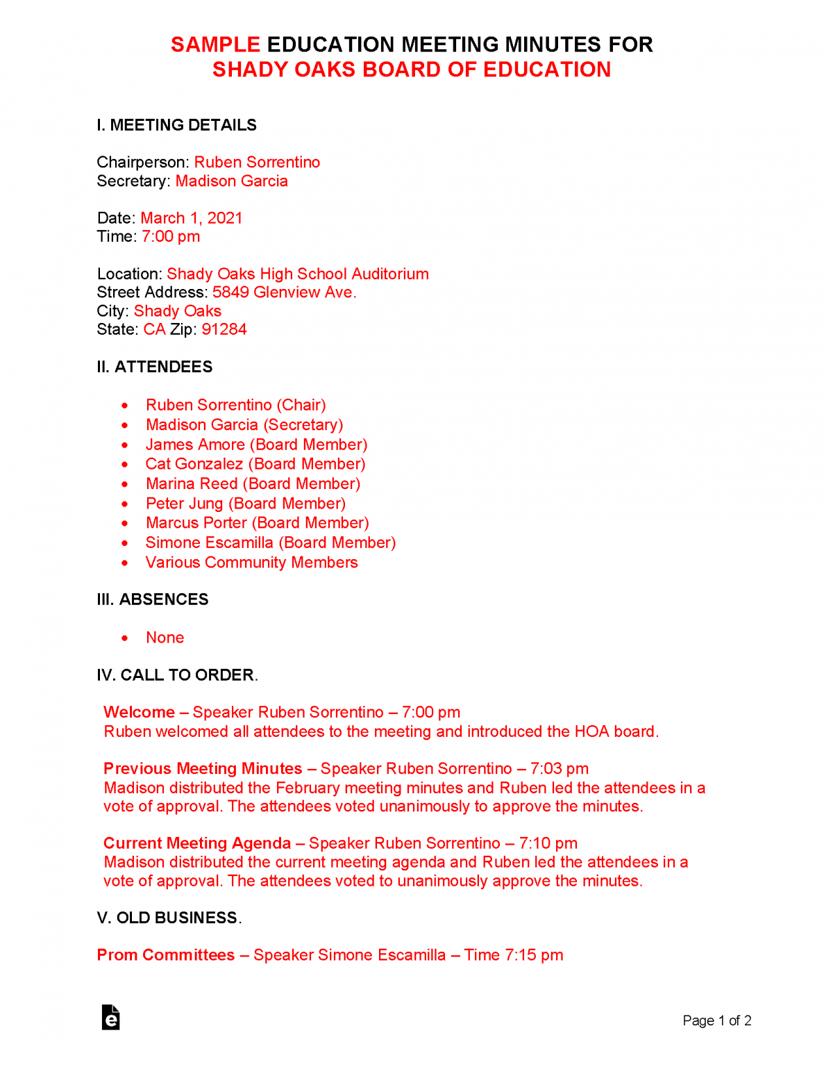 Free Education Meeting Minutes Template Sample PDF Word EForms