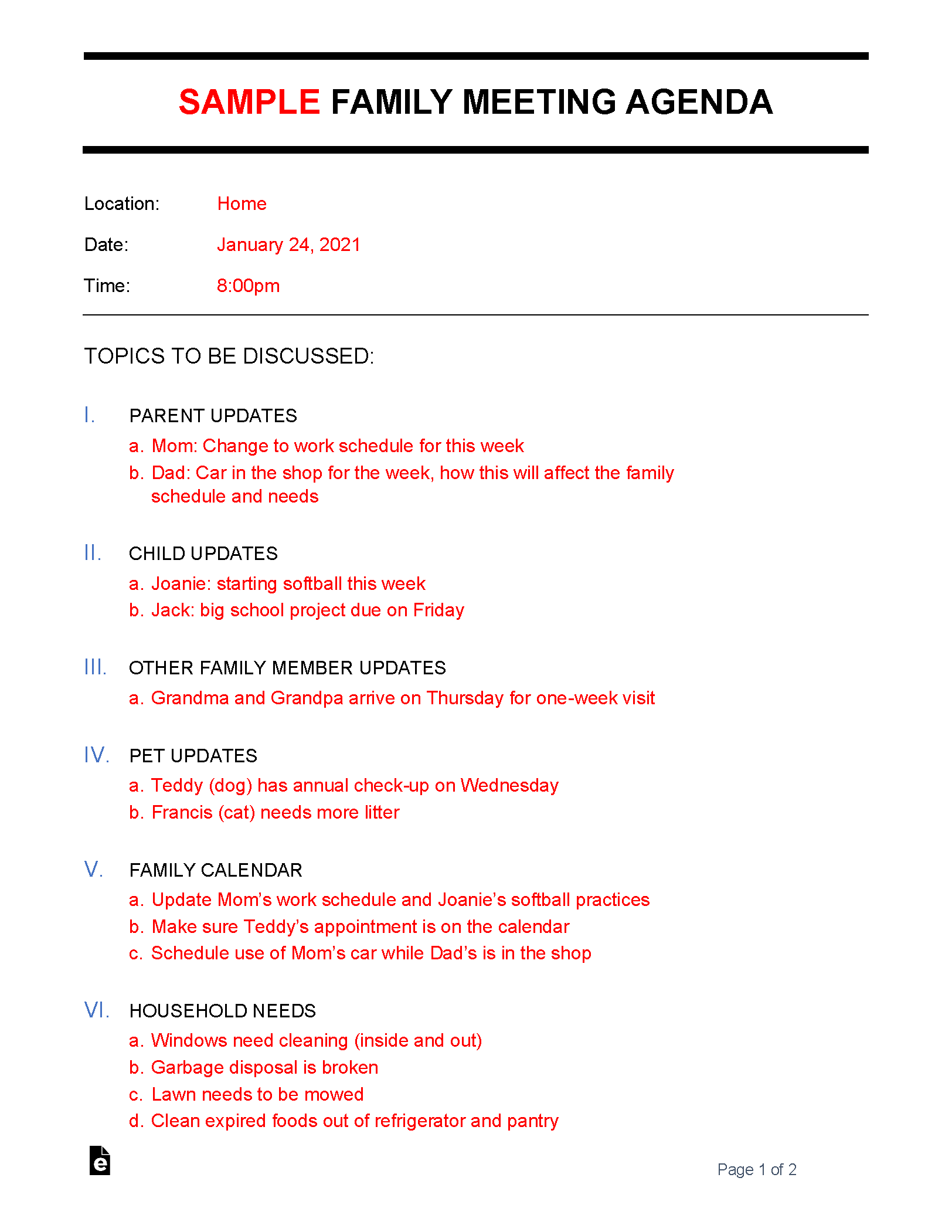 Free Family Meeting Agenda Template Sample PDF Word EForms