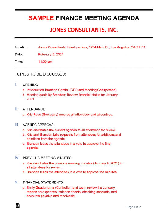 Free Finance Meeting Agenda Template Sample PDF Word EForms