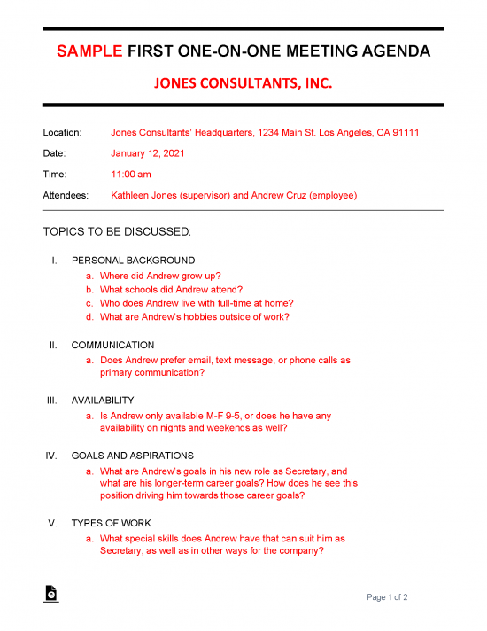 Free OneonOne Meeting Agenda Template Sample PDF Word eForms