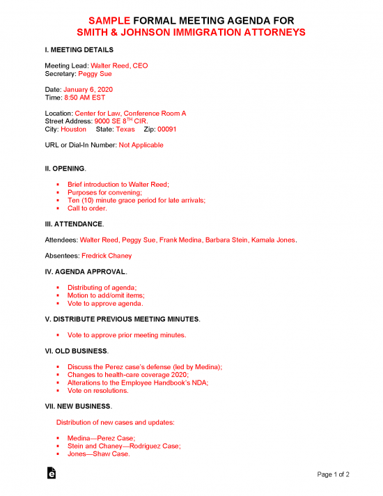 Free Formal Meeting Agenda Template Sample Pdf Word Eforms Images and