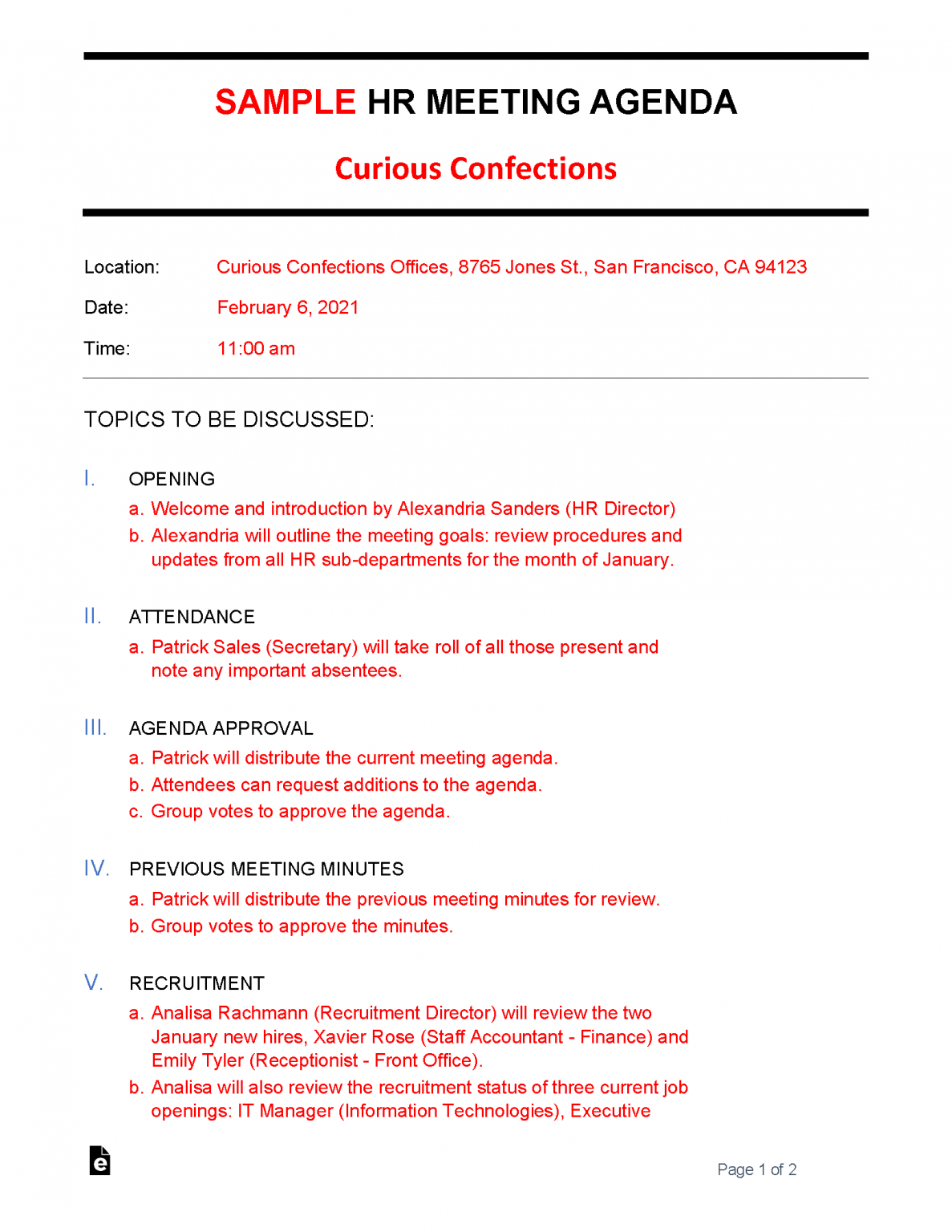Free HR Meeting Agenda Template Sample PDF Word EForms