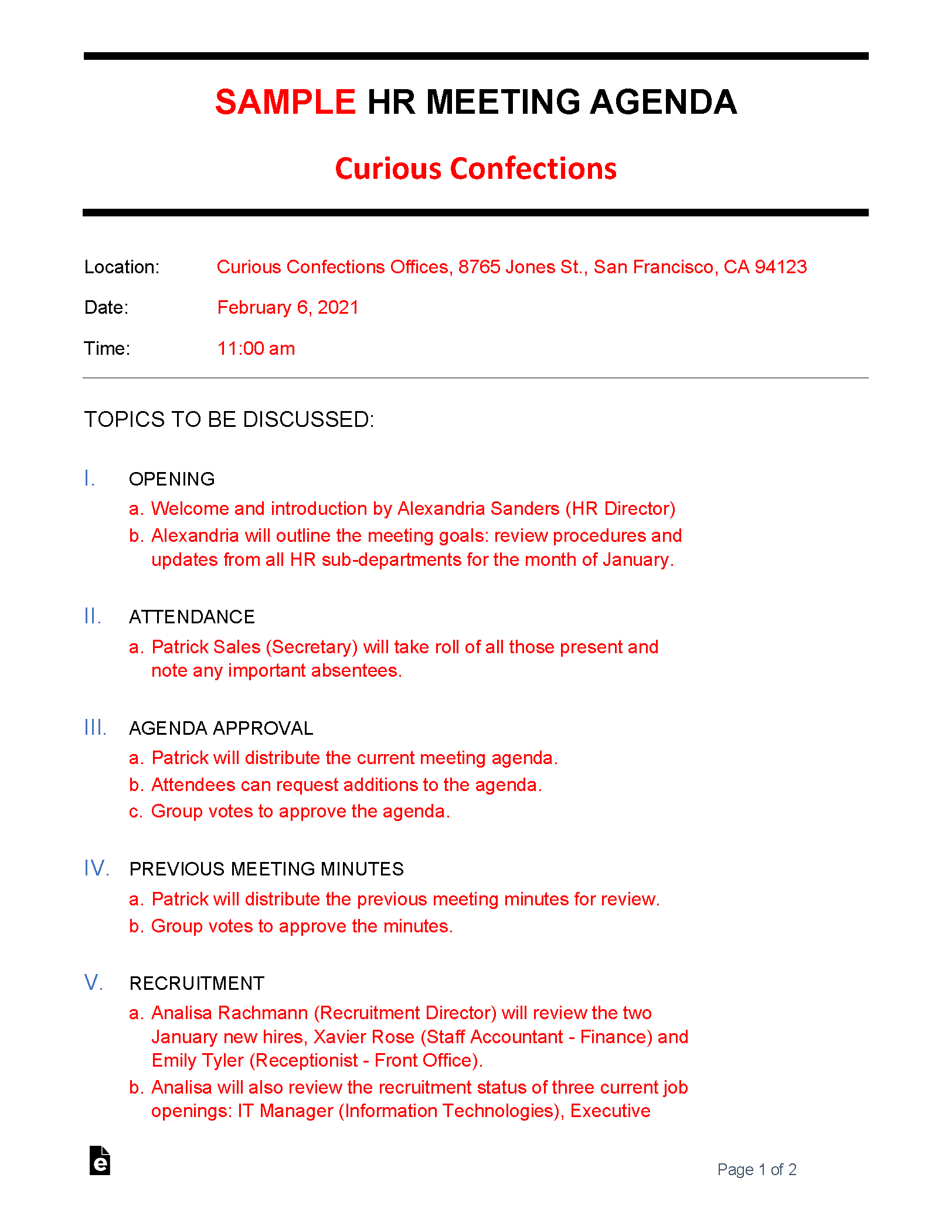 Free HR Meeting Agenda Template Sample PDF Word EForms