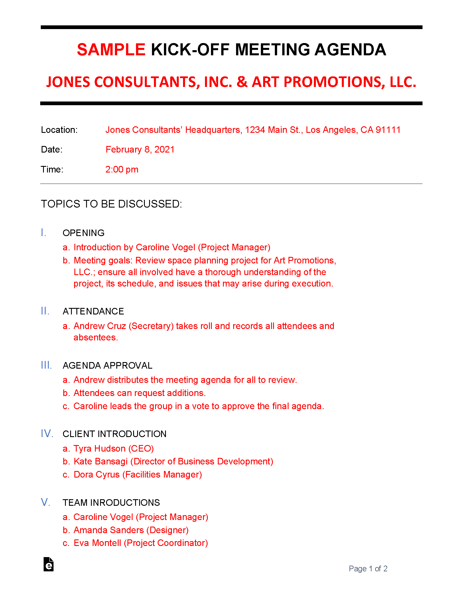 Free Kick Off Meeting Agenda Template Sample PDF Word EForms