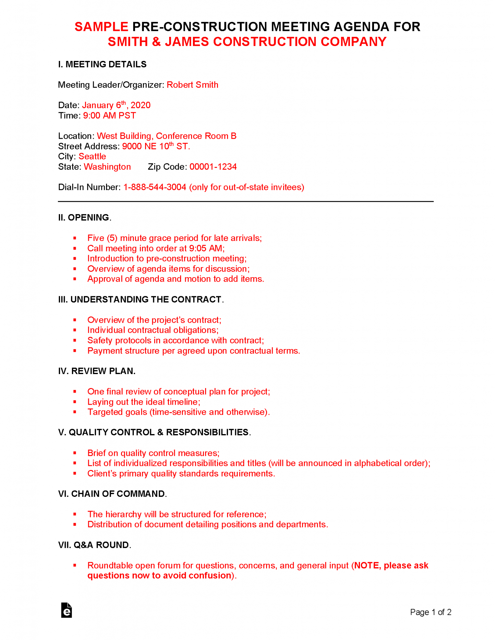 Free Pre Construction Meeting Agenda Template Sample PDF Word 