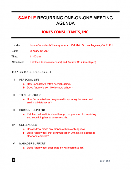 Free One On One Meeting Agenda Template Sample Word Pdf Eforms