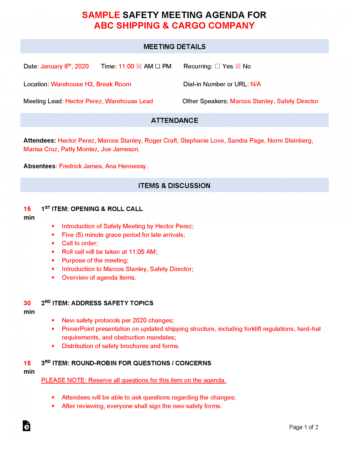 7 Safety Meeting Agenda Template Free Download Riset