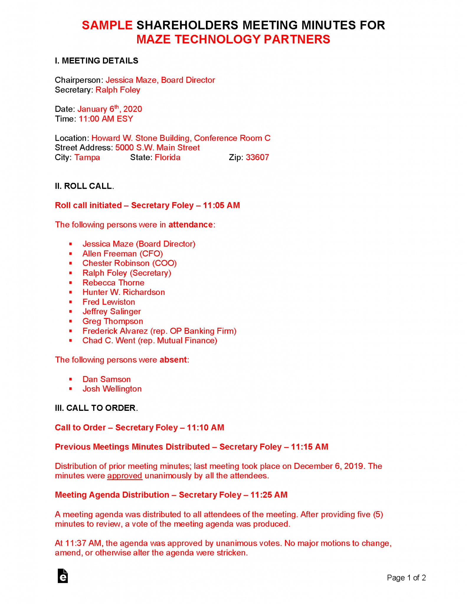 Free Shareholders Meeting Minutes Template Sample PDF Word EForms