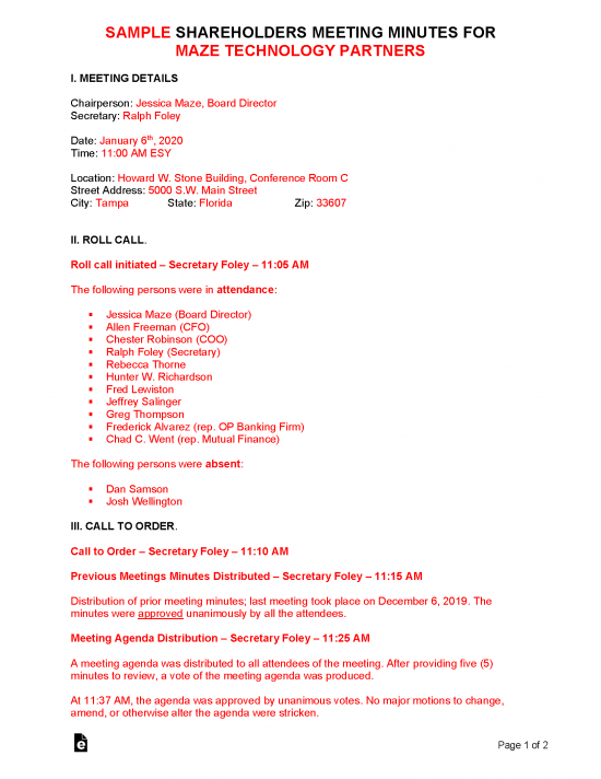 Free Shareholders Meeting Minutes Template Sample PDF Word eForms