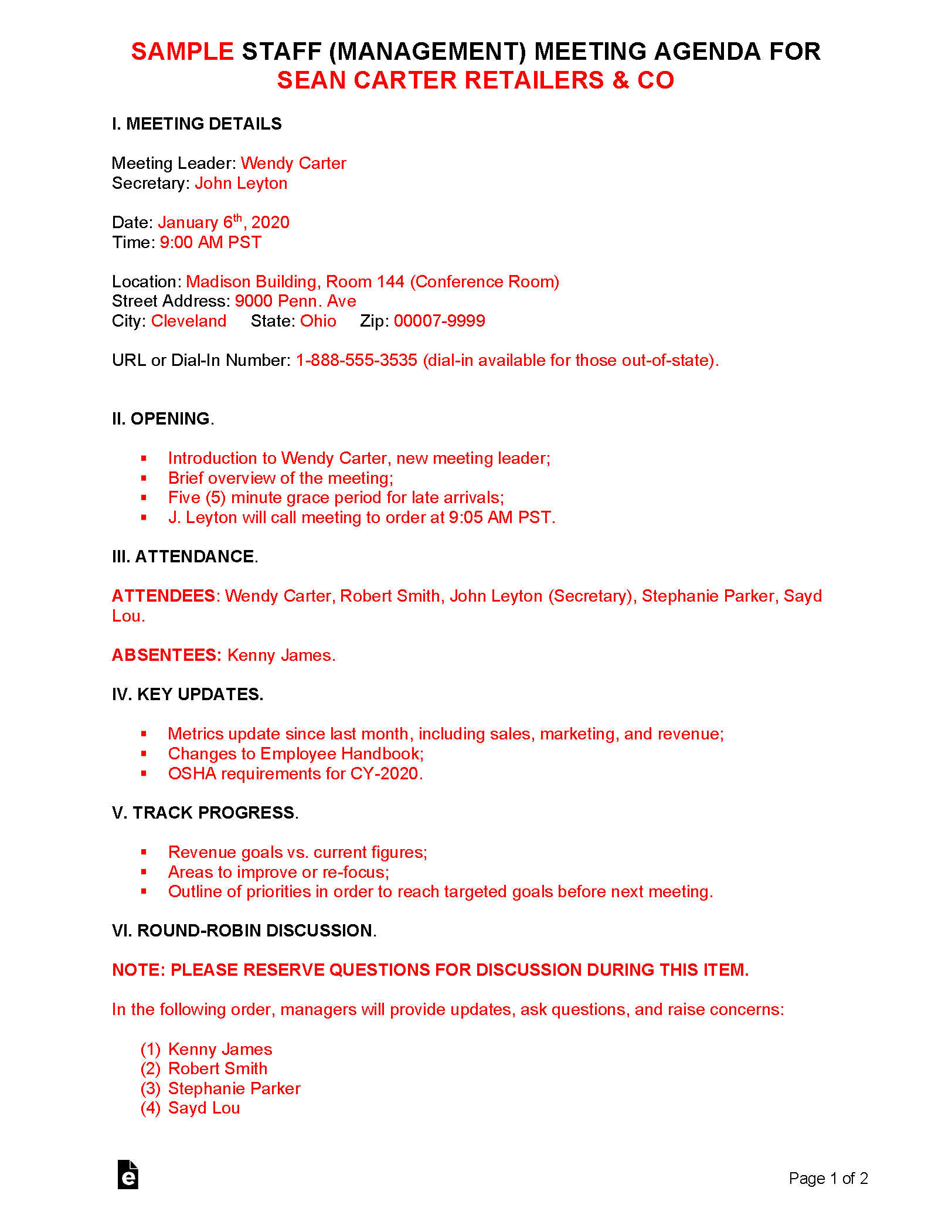 staff meeting agenda template