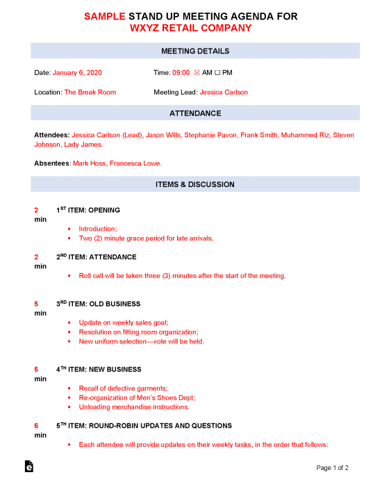 Free Stand Up Meeting Agenda Template Sample PDF Word EForms Free Stand Up Meeting Agenda Template Sample PDF Word EForms