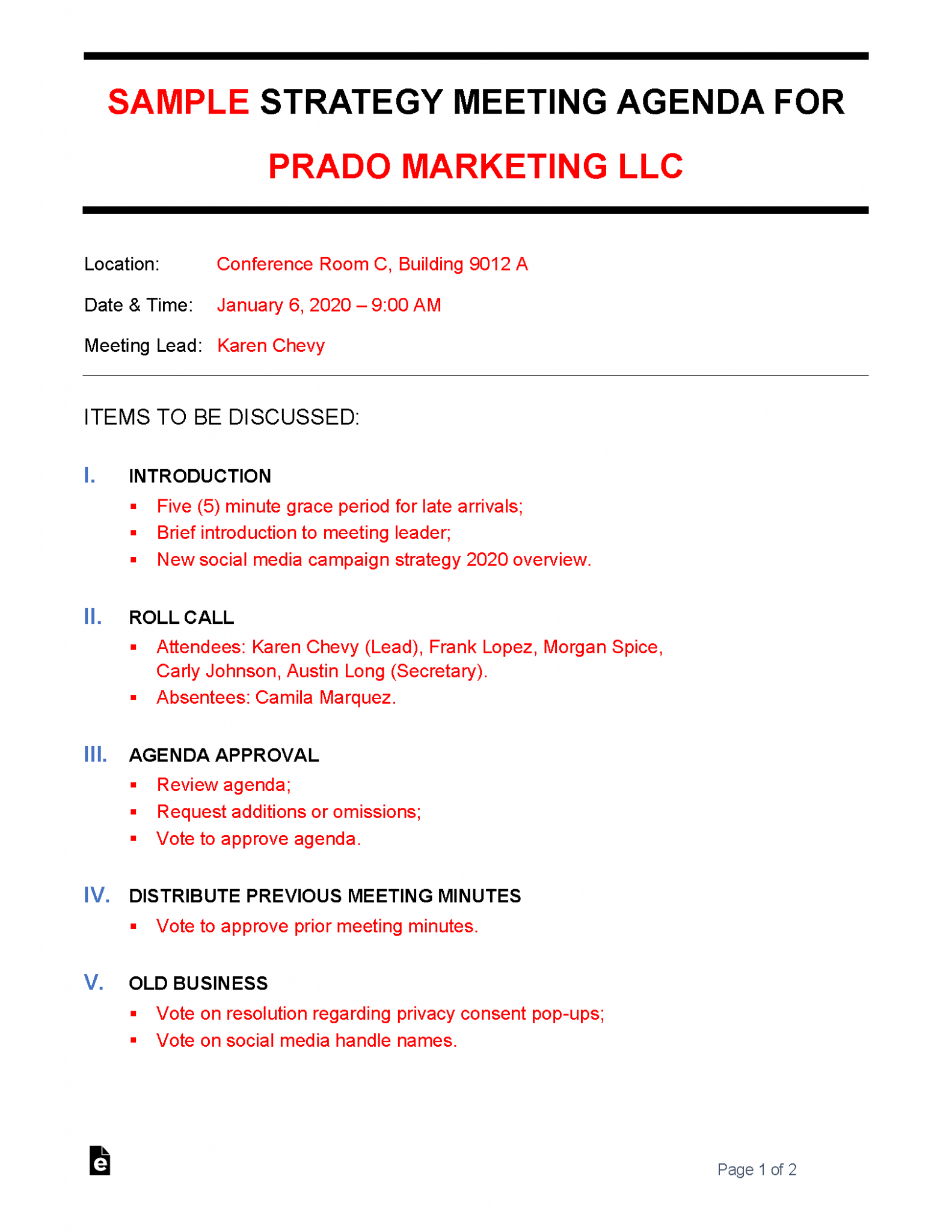 Free Strategy Meeting Agenda Template Sample PDF Word eForms