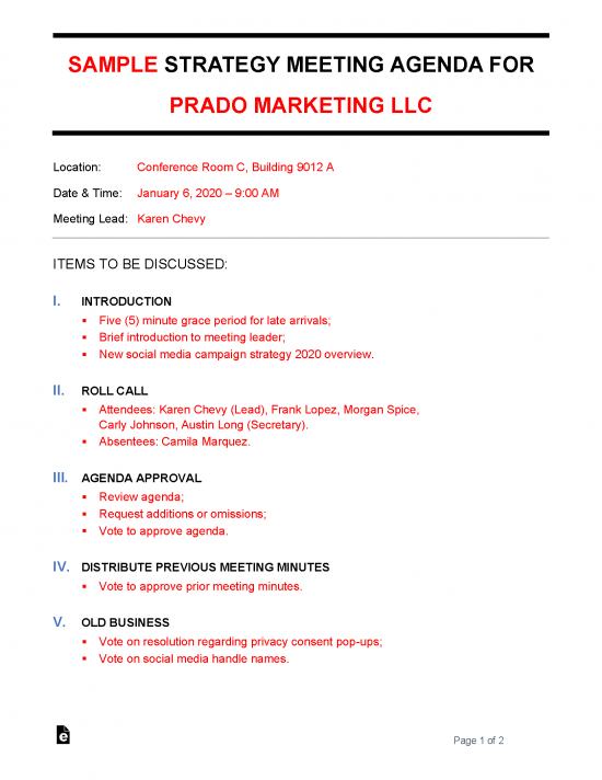 Free Strategy Meeting Agenda Template Sample Word Pdf Eforms