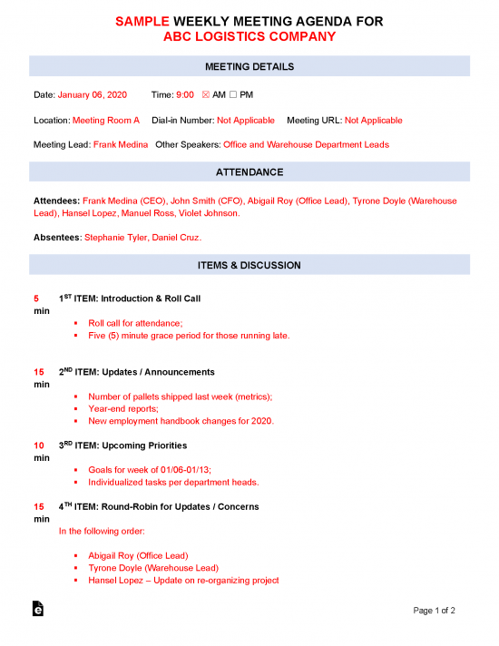 Free Weekly Meeting Agenda Template Sample Word Pdf Eforms