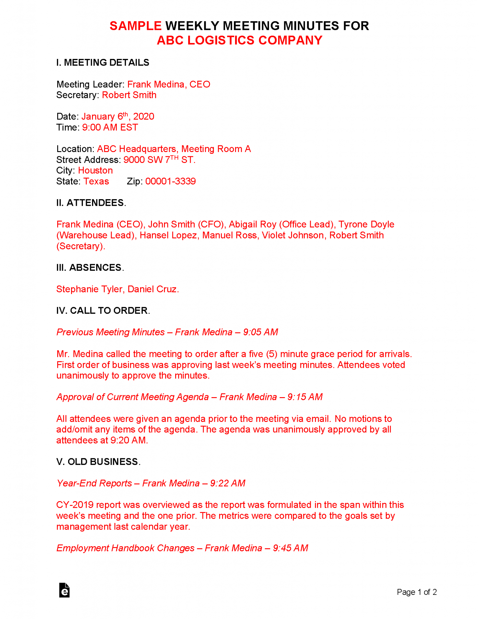 Free Weekly Meeting Minutes Template Sample PDF Word EForms