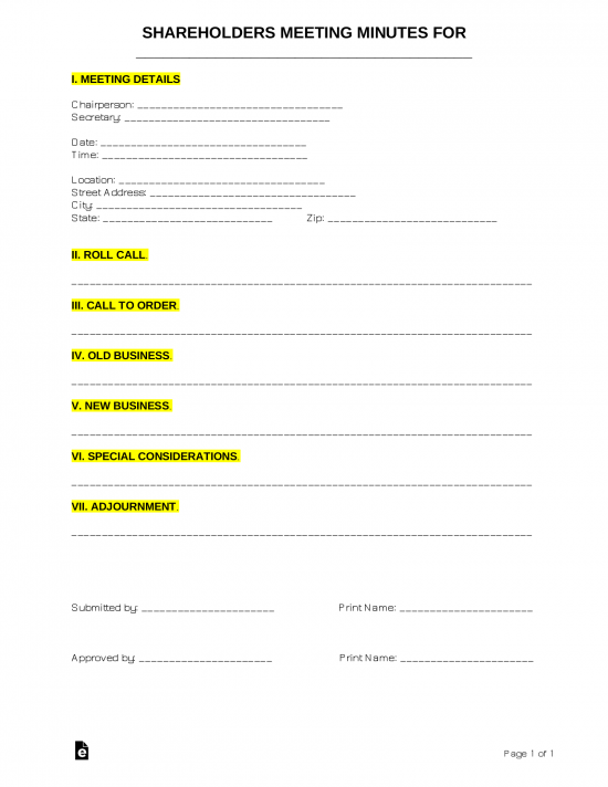 Free Shareholders Meeting Minutes Template Sample Pdf Word Eforms
